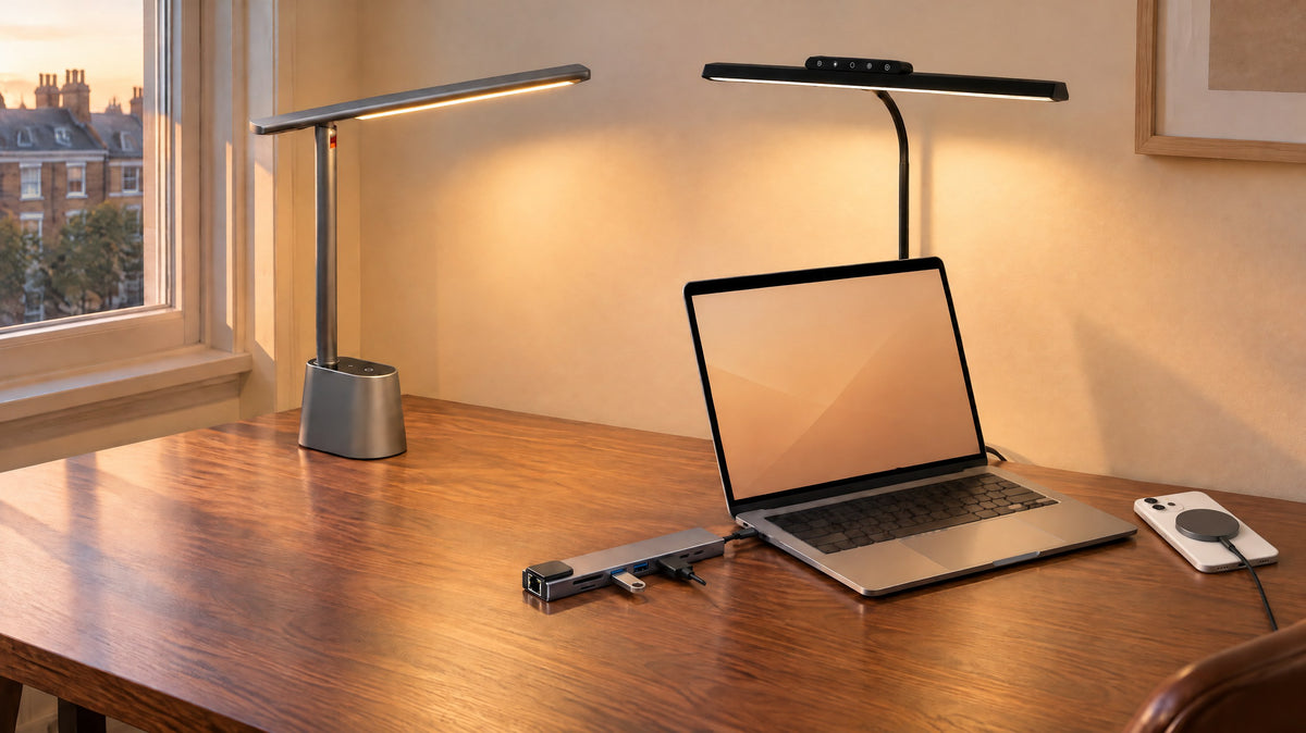 Grey folding desk lamp and black clamp-on desk lamp on a walnut desk, a USB-C hub plugged into an open laptop and a magnetic wireless charger attached to the back of a phone