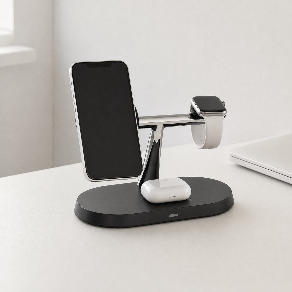 Trio 3-in-1 charging stand in black on a white desk, charging a phone, a watch and an earbuds case