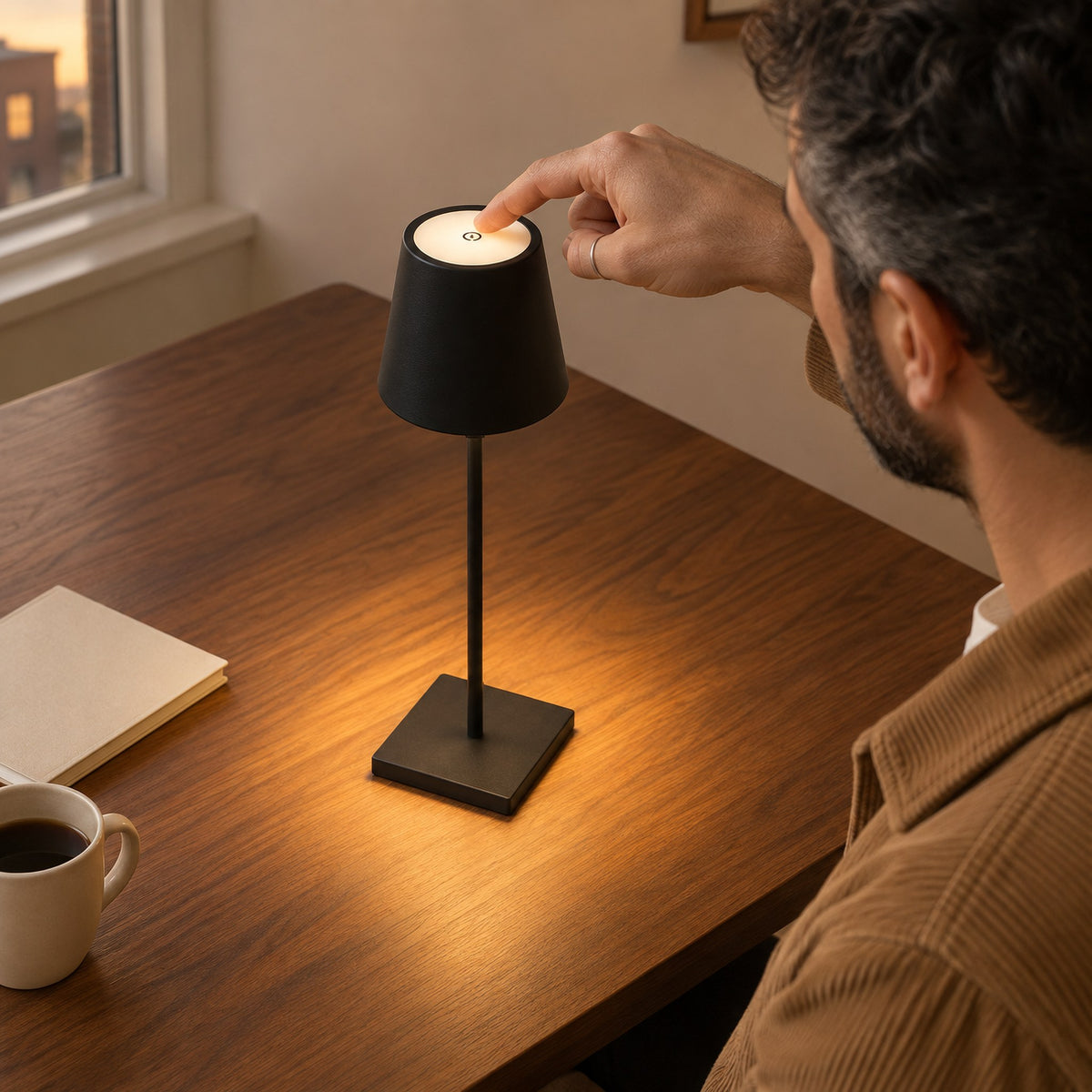 Man tapping the touch top of the black Vesper cordless table lamp on a walnut desk in the evening